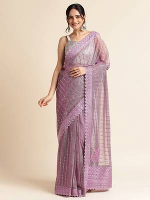 Purple Embellished  Lycra Designer Party Wear Saree With Blouse Piece 1