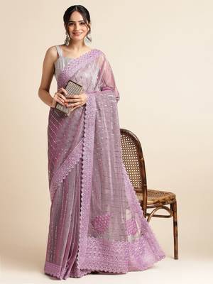 Purple Embellished  Lycra Designer Party Wear Saree With Blouse Piece 3