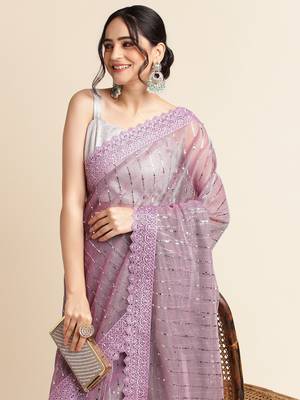 Purple Embellished  Lycra Designer Party Wear Saree With Blouse Piece 4