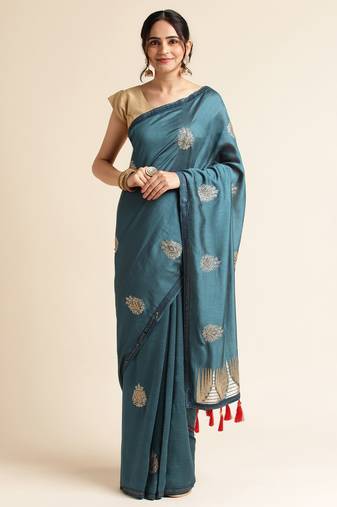 Blue Embellished  Lycra Designer Party Wear Saree With Blouse Piece