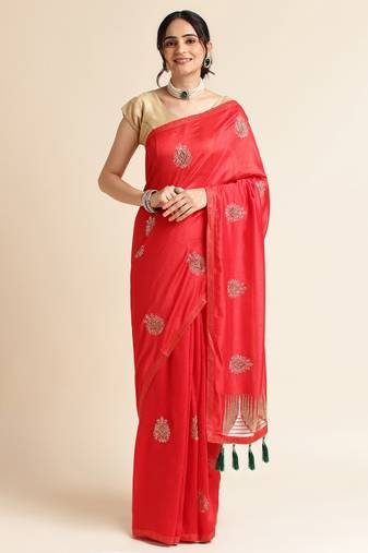 Red Embellished  Lycra Designer Party Wear Saree With Blouse Piece