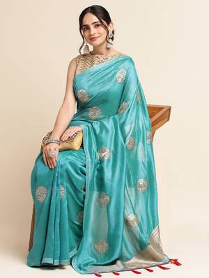 Blue Embellished  Lycra Designer Party Wear Saree With Blouse Piece 3