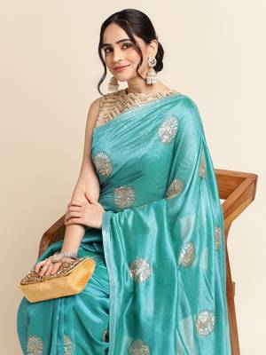 Blue Embellished  Lycra Designer Party Wear Saree With Blouse Piece 4