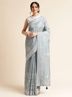 Grey Embellished  Silk Cotton Designer Party Wear Saree With Blouse Piece 1