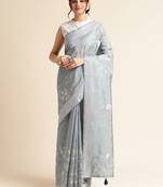 Grey Embellished  Silk Cotton Designer Party Wear Saree With Blouse Piece