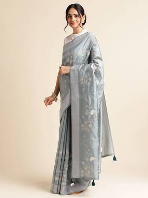 Grey Embellished  Silk Cotton Designer Party Wear Saree With Blouse Piece 2