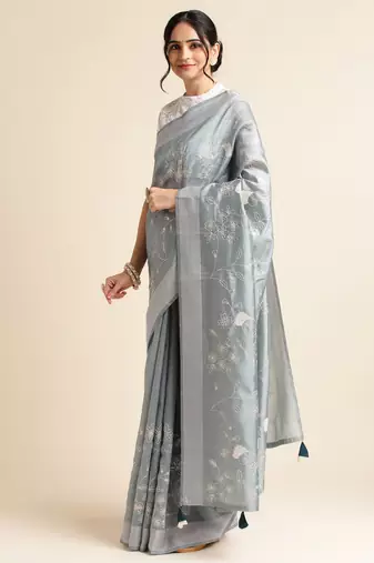 Grey Embellished  Silk Cotton Designer Party Wear Saree With Blouse Piece