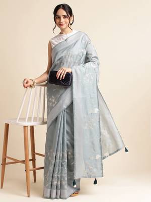 Grey Embellished  Silk Cotton Designer Party Wear Saree With Blouse Piece 3