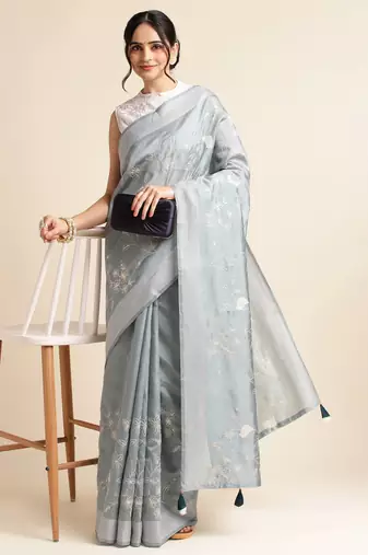 Grey Embellished  Silk Cotton Designer Party Wear Saree With Blouse Piece