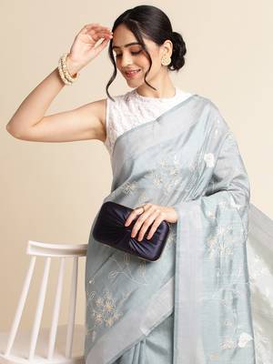 Grey Embellished  Silk Cotton Designer Party Wear Saree With Blouse Piece 4