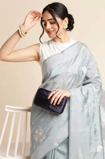Grey Embellished  Silk Cotton Designer Party Wear Saree With Blouse Piece