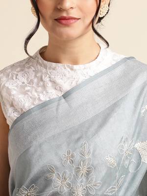 Grey Embellished  Silk Cotton Designer Party Wear Saree With Blouse Piece 5