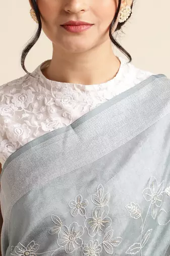 Grey Embellished  Silk Cotton Designer Party Wear Saree With Blouse Piece