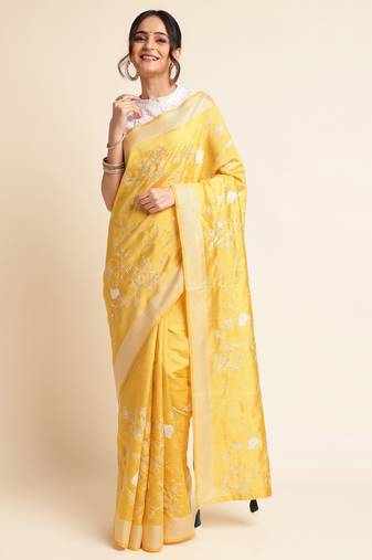 Yellow Embellished  Silk Cotton Designer Party Wear Saree With Blouse Piece