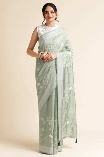 Green Embellished  Silk Cotton Designer Party Wear Saree With Blouse Piece
