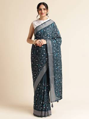 Orange Embellished  Silk Cotton Designer Party Wear Saree With Blouse Piece 1