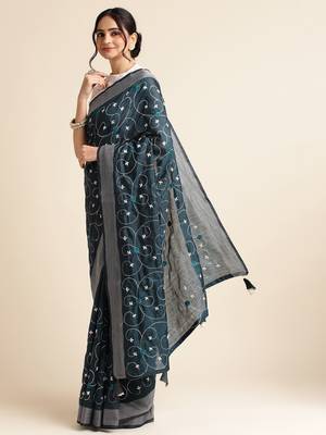 Orange Embellished  Silk Cotton Designer Party Wear Saree With Blouse Piece 2