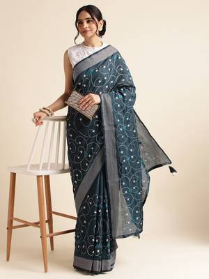 Orange Embellished  Silk Cotton Designer Party Wear Saree With Blouse Piece 3