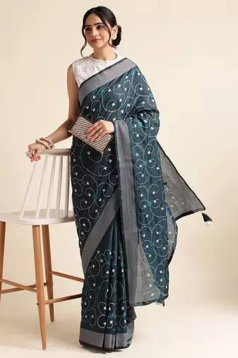 Orange Embellished  Silk Cotton Designer Party Wear Saree With Blouse Piece