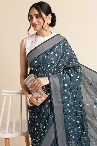 Orange Embellished  Silk Cotton Designer Party Wear Saree With Blouse Piece