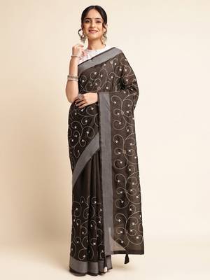 Orange Embellished  Silk Cotton Designer Party Wear Saree With Blouse Piece 1