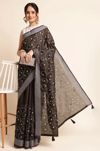 Orange Embellished  Silk Cotton Designer Party Wear Saree With Blouse Piece