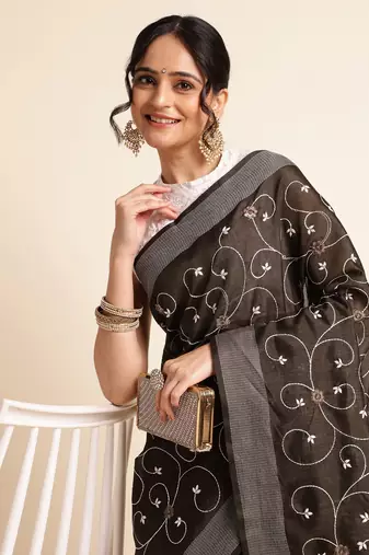 Orange Embellished  Silk Cotton Designer Party Wear Saree With Blouse Piece