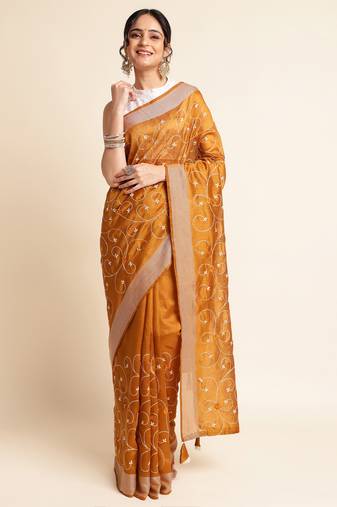 Orange Embellished  Silk Cotton Designer Party Wear Saree With Blouse Piece