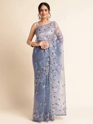 Orange Embellished  Silk Cotton Designer Party Wear Saree With Blouse Piece 1