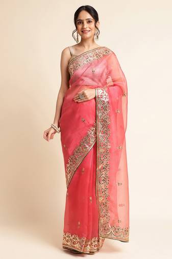 Orange Embellished  Silk Cotton Designer Party Wear Saree With Blouse Piece