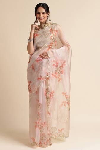 Orange Embellished  Silk Cotton Designer Party Wear Saree With Blouse Piece