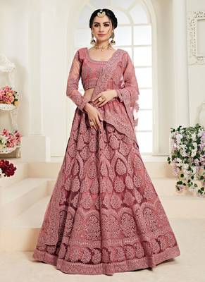 Pink Embroidered Net Circular Lehenga With Blouse Up To 42" Size 1