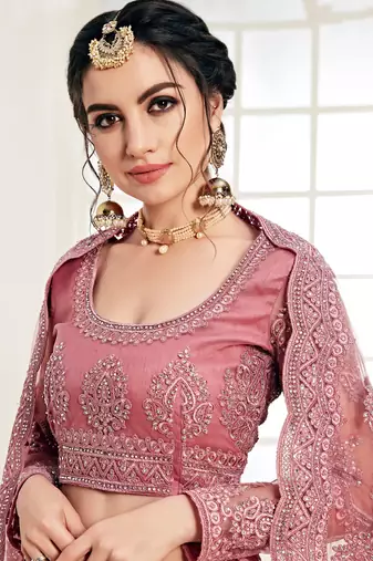 Pink Embroidered Net Circular Lehenga With Blouse Up To 42" Size