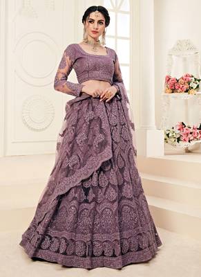 Mauve Embroidered Net Circular Lehenga With Blouse Up To 42" Size 1