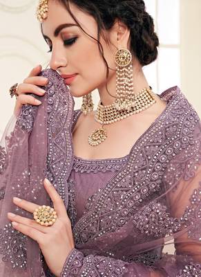 Mauve Embroidered Net Circular Lehenga With Blouse Up To 42" Size 2