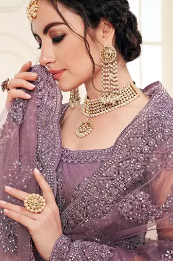 Mauve Embroidered Net Circular Lehenga With Blouse Up To 42" Size