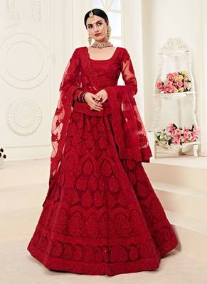 Red Embroidered Net Circular Lehenga With Blouse Up To 42" Size 1