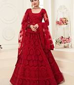 Red Embroidered Net Circular Lehenga With Blouse Up To 42" Size