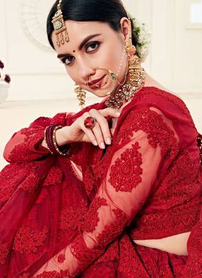 Red Embroidered Net Circular Lehenga With Blouse Up To 42" Size 2
