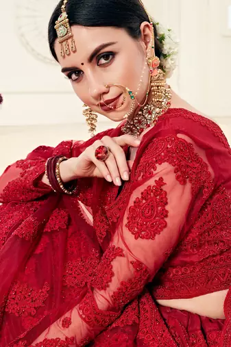 Red Embroidered Net Circular Lehenga With Blouse Up To 42" Size