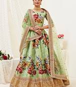 Green Embroidered Bangalori Satin Circular Lehenga With Blouse Up To 42" Size