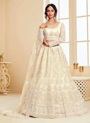 Off White Embroidered Net Circular Lehenga With Blouse Up To 42" Size 1