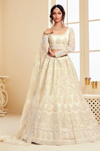 Off White Embroidered Net Circular Lehenga With Blouse Up To 42" Size