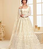 Off White Embroidered Net Circular Lehenga With Blouse Up To 42" Size