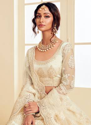 Off White Embroidered Net Circular Lehenga With Blouse Up To 42" Size 2