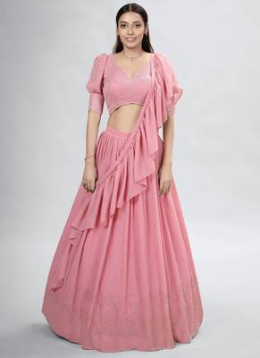 Pink Embroidered Georgette A-Line Lehenga With Blouse Up To 42" Size 1