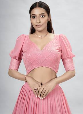 Pink Embroidered Georgette A-Line Lehenga With Blouse Up To 42" Size 2
