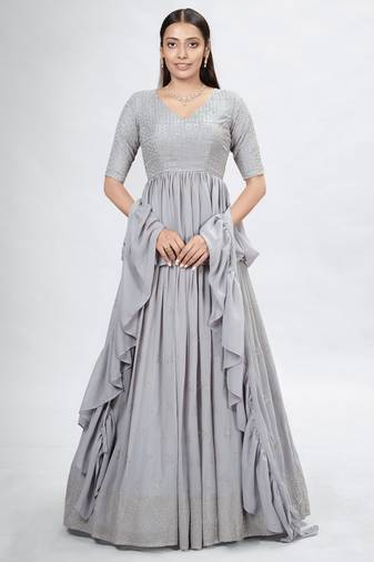 Grey Embroidered Georgette A-Line Lehenga With Blouse Up To 42" Size