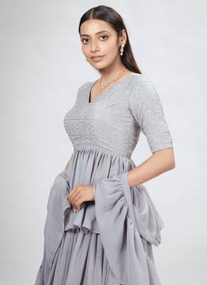 Grey Embroidered Georgette A-Line Lehenga With Blouse Up To 42" Size 2