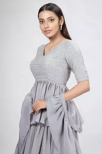 Grey Embroidered Georgette A-Line Lehenga With Blouse Up To 42" Size